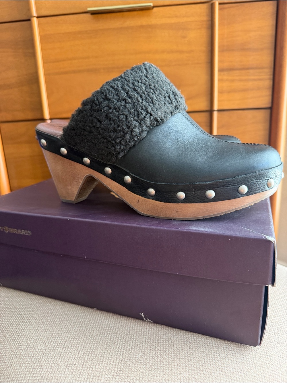 Lucky Brand Black Shearling-Trim Clog Heels. New in box